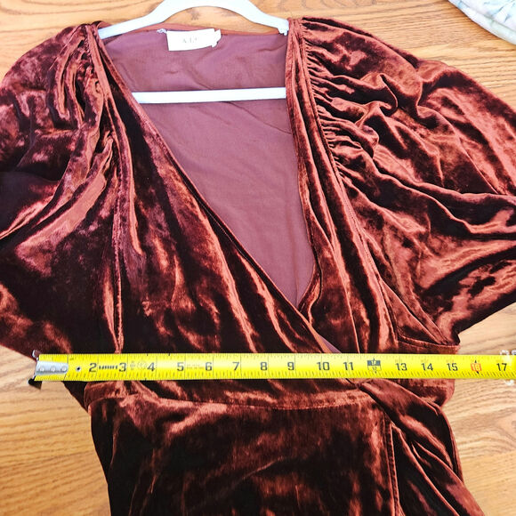 A.L.C. Womens Carlo Cognac Silk Blend Velvet Long Sleeve Wrap Mini Dress Size 8 - Picture 5 of 7